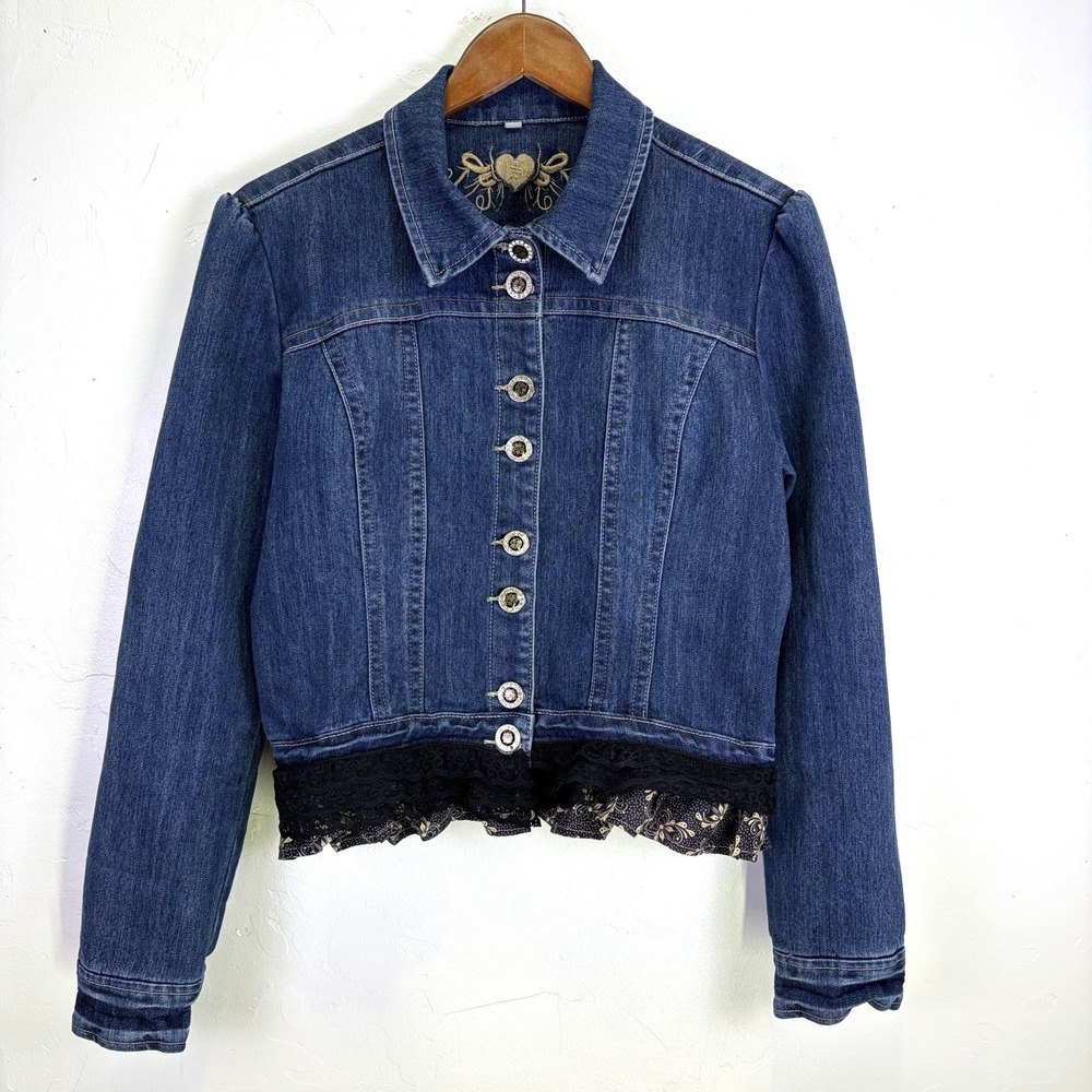 Woman's Upcycled Y2K Jean Jacket Size L Blue Denim Ruffles Embroidery Cowgirl